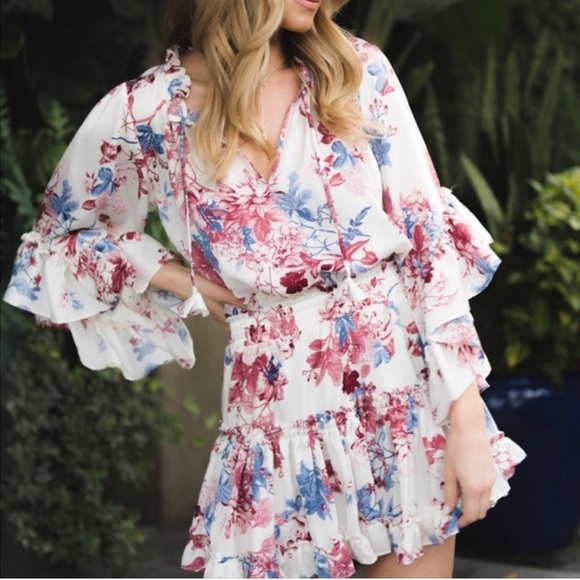 Misa Los Angeles Dresses & Skirts - Misa Los Angeles White Floral Ruffle Mini Dress with Pink & Blue